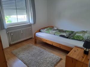 a bedroom with a bed and a window and a rug at Ferienwohnung im Ries in Wallerstein