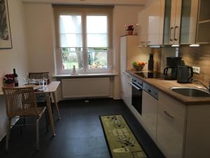 a small kitchen with a table and a sink and a counter at Hannes und Stefanie Fleischer in Wangen