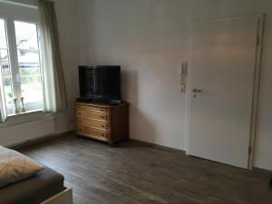 a bedroom with a bed and a television on a dresser at Hannes und Stefanie Fleischer in Wangen