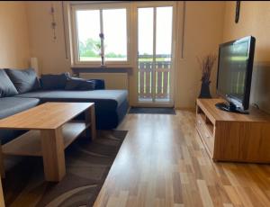 a living room with a couch and a tv at Apartment Wohner in Petersaurach