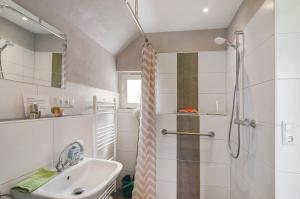 a bathroom with a shower and a sink at Huus Karoline in Junkersrott +37 photos