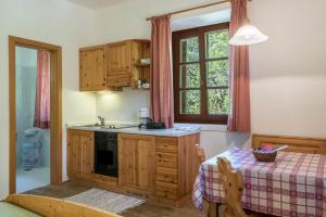a kitchen with wooden cabinets and a table and a window at Sallrain Hof Monolokal 4 in Collalbo