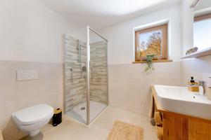 a bathroom with a shower and a toilet and a sink at Töniglerhof Apt Abendrot in Trodena