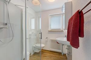 a bathroom with a shower and a toilet and a sink at Ferienwohnung Pepe in Donaueschingen +12 photos