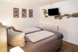 a living room with a couch and a flat screen tv at Gästehaus Vis à Vis in Wallhausen