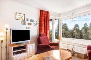 a living room with a tv and a large window at Wohnung Fuchsenstein-Foxy in Spiegelau