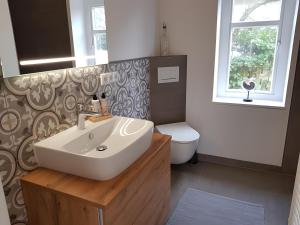 a bathroom with a sink and a toilet at Schäferhaus in Hemme