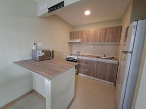 a kitchen with a white refrigerator and wooden cabinets at El Portal Los Álamos in Rincon de los Sauces
