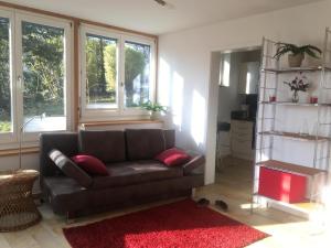 a living room with a couch and a red rug at Atelierwohnung Bei München in Pfaffenhofen an der Ilm