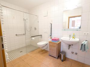 a bathroom with a shower and a toilet and a sink at Ferienhof Bosch in Börslingen +37 photos
