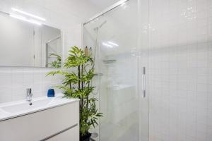 a bathroom with a shower and a sink with a plant at Aveiro City Blue in Aveiro +26 photos