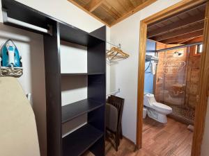 a bathroom with a black book shelf and a toilet at Glamping Las Nubes in Chignahuapan