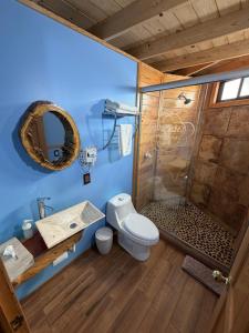 a bathroom with a shower and a toilet and a sink at Glamping Las Nubes in Chignahuapan