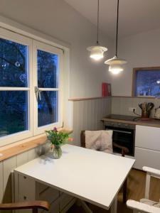 a kitchen with a white table and two windows at Das Sommerhaus in Zülow
