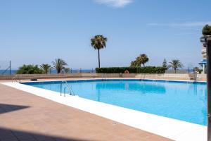 a large blue swimming pool with palm trees in the background at Beachfront Bungalow in Torrox Costa