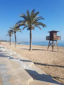 a beach with palm trees and a lifeguard tower at Playa Sol Vinaròs in Vinarós
