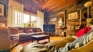 a living room with leather couches and a television at Albert Ranch House - Grande maison au calme - Parking in Ribeauvillé