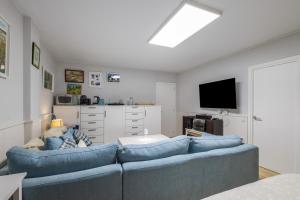 a living room with a blue couch and a tv at Host Dalies in Premia de Dalt