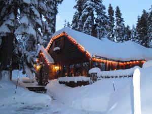 a house covered in snow with lights on it at Cottage Inn At Lake Tahoe in Tahoe City