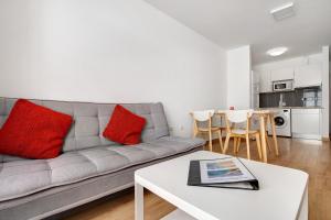 a living room with a gray couch and red pillows at Apartamento Playa Morro Jable 1a in Morro del Jable +13 photos