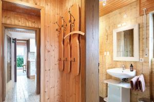 a bathroom with a sink and a toilet and a mirror at Haus Höhensonne in Höchenschwand +45 photos
