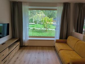 a living room with a couch and a large window at Die entspannende Eiche in San Pancrazio dʼUltimo