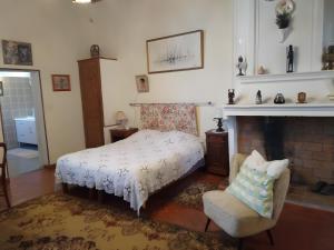 a bedroom with a bed and a fireplace and a chair at Gîte De Diane in Allemagne-en-Provence