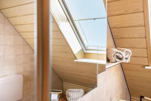 a bathroom with a skylight and a toilet at Whg 1- Ferien auf einem Resthof in Schönhagen +18 photos