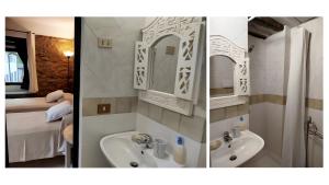 two pictures of a bathroom with a sink and a mirror at La Colombara di Castione in Casone
