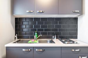 a kitchen with a sink and a black tiled wall at Klein aber fein in Worpswede +13 photos