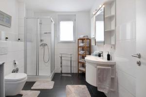 a bathroom with a shower and a toilet and a sink at B5fewo in Bad Bellingen