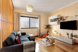 a living room with a couch and a tv at Moradia Casa Feliz in Santa Cruz