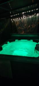 a dark bathroom with a green tub in a room at Holiday Home Inga with free private parking in Rijeka