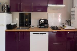 a kitchen with purple cabinets and a sink at Gîte Chêne ou Murier in Les Vans