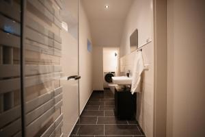 a small bathroom with a sink and a toilet at Barrierefreies Loft Apartment in Dessau +29 photos