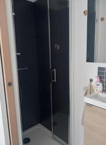 a glass shower door in a bathroom next to a sink at Chalet proche dinard in Pleurtuit