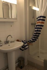 a bathroom with a sink and a shower curtain at Le Relais de Chasse in Eu +32 photos