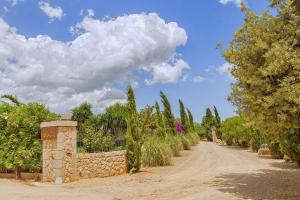 a dirt road with a stone wall and trees at Finca Antonio in Búger