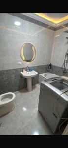 a bathroom with a sink and a toilet and a mirror at Pyramids & GEM Tourist Apartment in ‘Ezbet `Abd el-Ḥamîd