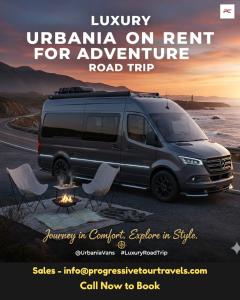 an advertisement for a van with chairs and a fire at Ultra Premium Camper Van in New Delhi