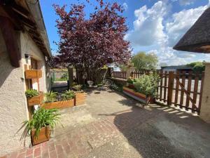 a yard with a wooden fence and a tree at La Noisette in Équemauville