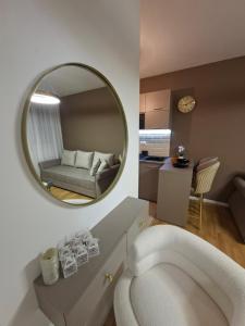 a living room with a mirror and a couch at Apartman Merry Lux in Vrnjačka Banja +51 photos