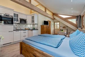 a bedroom with a large blue bed in a kitchen at Altstadtidyll Meißen in Meißen
