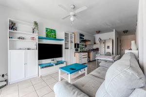 a living room with a couch and a tv at Appartement proche plage Parentis in Parentis-en-Born