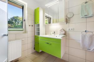 a bathroom with a green sink and a mirror at Fewo Birkenallee - Apfel in Deinste +14 photos