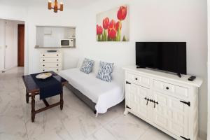 a living room with a couch and a flat screen tv at Estudio Bloque 80 in Torrox