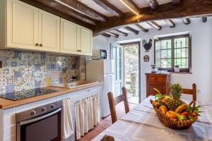 a kitchen with a table with a basket of fruit at Domino Cottage - Monteggiori in Camaiore