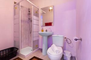 a bathroom with a toilet and a shower and a sink at Luci's House B in São Jorge +16 photos