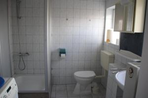a bathroom with a toilet and a shower and a sink at Ferienwohnung Klint 2 in Dellstedt +16 photos