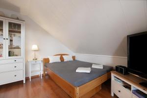 a small bedroom with a bed and a tv at Ferienwohnung Helga Bauch in Klanxbüll